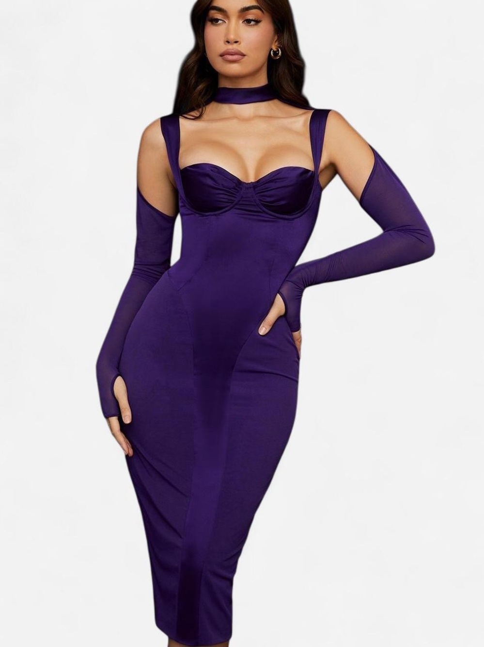 House of CB Purple Midi Dress with Detachable Arm Sleeves